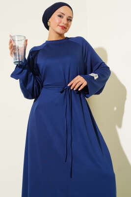 Loyşa Kol Armalı İp Kuşaklı Elbise Lacivert - Thumbnail