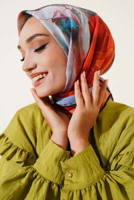 Pazarium - Karışık Ebruli Eşarp Siyah Oranj