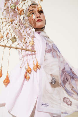 Pazarium - Gül Şerit Geçişli Şal Soft Bej