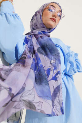 Pazarium - Lilyum Desen Ebruli Şal Mor