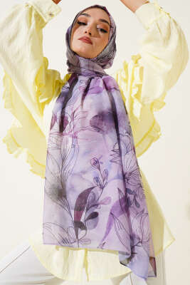 Pazarium - Lilyum Desen Ebruli Şal Menekşe