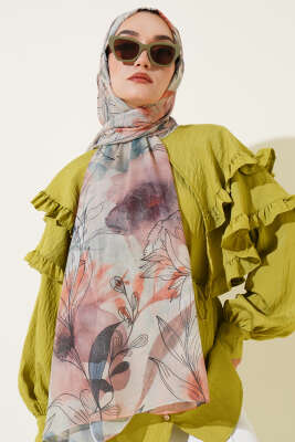 Pazarium - Lilyum Desen Ebruli Şal Latte