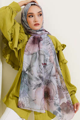 Pazarium - Lilyum Desen Ebruli Şal Gri