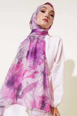 Pazarium - Lilyum Desen Ebruli Şal Fuşya