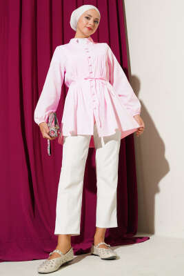 Önü Pileli Terikoton Gömlek Toz Pembe - Thumbnail