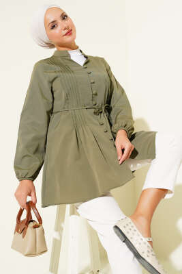 Önü Pileli Terikoton Gömlek Haki - Thumbnail