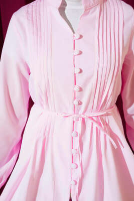 Önü Pileli Terikoton Gömlek Toz Pembe - Thumbnail