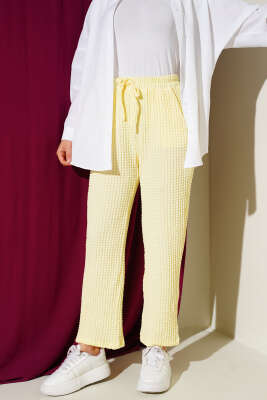 Pazarium - Beli Lastikli Gofre Pantolon Sarı