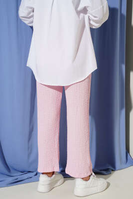 Beli Lastikli Gofre Pantolon Pembe - Thumbnail
