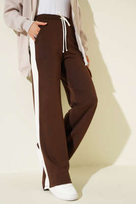 Pazarium - Loyşa Yan Şeritli Bel Lastikli Pantolon Kahve