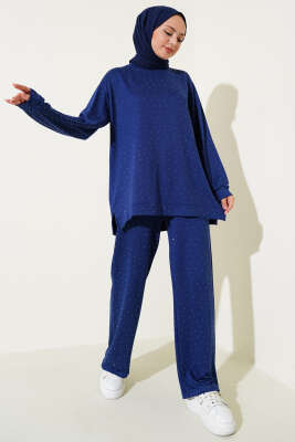 Pazarium - Loyşa Mini Taşlı Süslemeli İkili Takım Lacivert