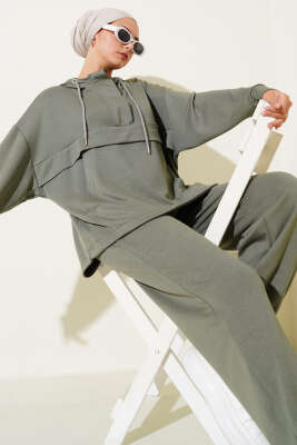 Pazarium - Loyşa Kanguru Cepli Fermuarlı İkili Takım Haki