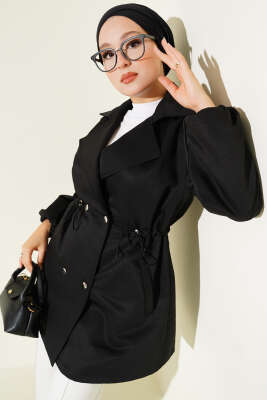 Bel Tünelli Çıtçıt Düğmeli Trençkot Siyah - Thumbnail