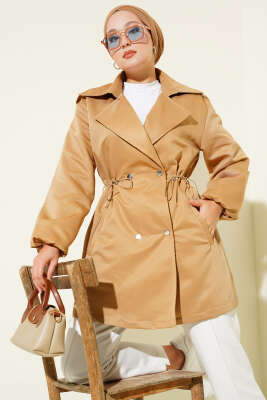 Pazarium - Bel Tünelli Çıtçıt Düğmeli Trençkot Latte