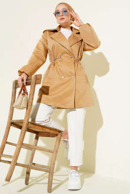 Bel Tünelli Çıtçıt Düğmeli Trençkot Latte - Thumbnail