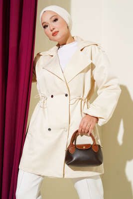 Bel Tünelli Çıtçıt Düğmeli Trençkot Bej - Thumbnail