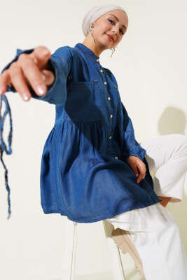 Mini Çiçekli Göğüs Cepli Kot Gömlek Koyu Mavi - Thumbnail