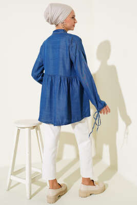 Mini Çiçekli Göğüs Cepli Kot Gömlek Koyu Mavi - Thumbnail