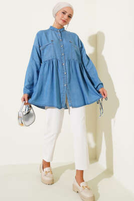 Mini Çiçekli Göğüs Cepli Kot Gömlek Açık Mavi - Thumbnail