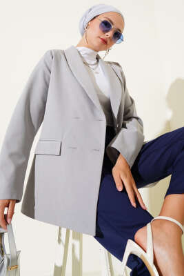 Pazarium - Cep Kapaklı Dört Düğmeli Blazer Ceket Gri