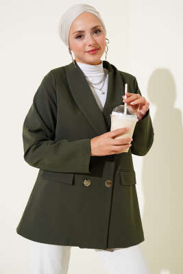 Pazarium - Cep Kapaklı Dört Düğmeli Blazer Ceket Haki