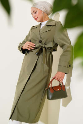 Pazarium - Dört Düğmeli Kruvaze Yaka Trençkot Haki