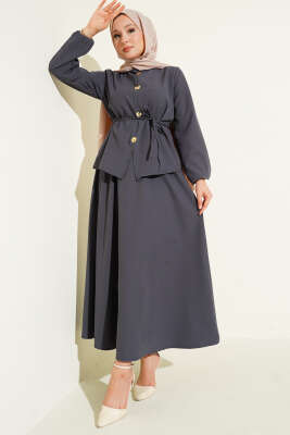 Gold Düğme Detaylı Etekli Dabıl İkili Takım Füme - Thumbnail