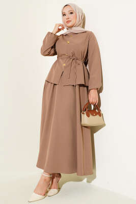 Gold Düğme Detaylı Etekli Dabıl İkili Takım Latte - Thumbnail