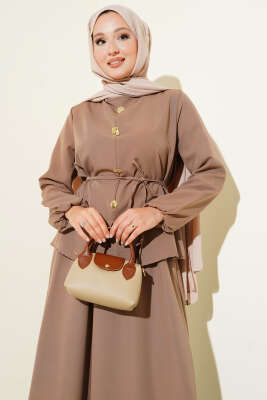 Gold Düğme Detaylı Etekli Dabıl İkili Takım Latte - Thumbnail