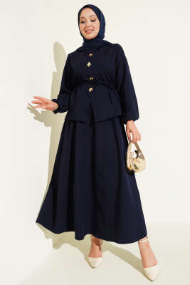Gold Düğme Detaylı Etekli Dabıl İkili Takım Lacivert - Thumbnail