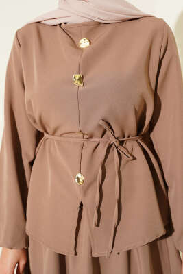 Gold Düğme Detaylı Etekli Dabıl İkili Takım Latte - Thumbnail