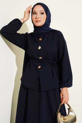 Gold Düğme Detaylı Etekli Dabıl İkili Takım Lacivert - Thumbnail