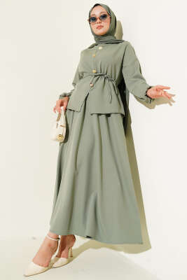 Gold Düğme Detaylı Etekli Dabıl İkili Takım Çağla Yeşili - Thumbnail