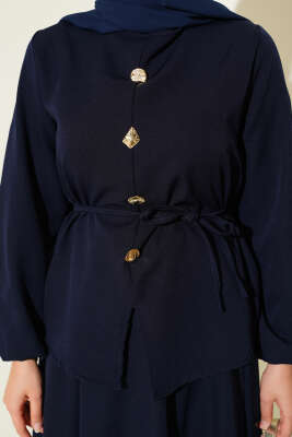 Gold Düğme Detaylı Etekli Dabıl İkili Takım Lacivert - Thumbnail