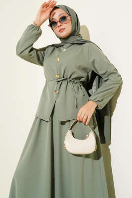 Gold Düğme Detaylı Etekli Dabıl İkili Takım Çağla Yeşili - Thumbnail