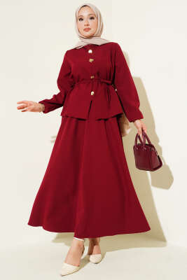 Gold Düğme Detaylı Etekli Dabıl İkili Takım Bordo - Thumbnail