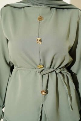 Gold Düğme Detaylı Etekli Dabıl İkili Takım Çağla Yeşili - Thumbnail