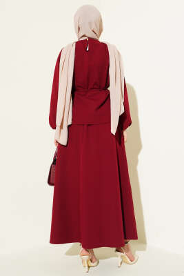 Gold Düğme Detaylı Etekli Dabıl İkili Takım Bordo - Thumbnail