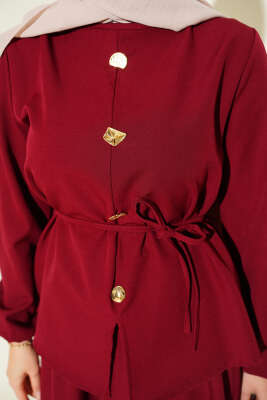 Gold Düğme Detaylı Etekli Dabıl İkili Takım Bordo - Thumbnail