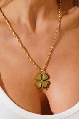 Yonca Desen Burgu Zincirli Kolye Gold - Thumbnail