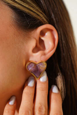 Pazarium - Büyük Kalp Dolgulu Küpe Mürdüm