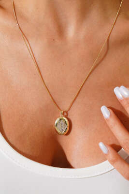 Pazarium - Üç Taşlı Açılır Kolye Gold