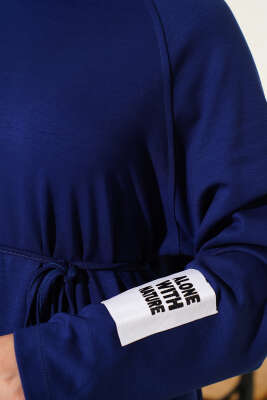 Loyşa Bilek Armalı Kuşaklı Elbise Lacivert - Thumbnail