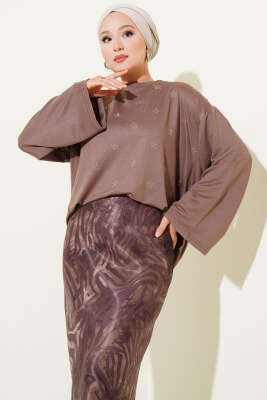 Pazarium - Loyşa Mini Yıldız Taşlı Bluz Vizon