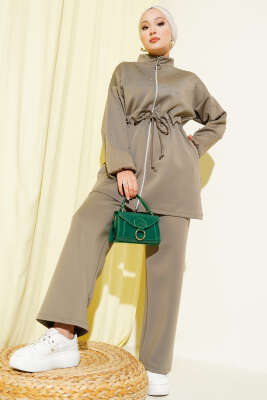 Pazarium - Bel Tünelli Boncuklu Scuba İkili Takım Vizon