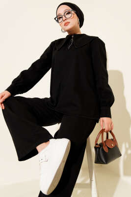 Pazarium - Denizci Yaka Fermuarlı Kot İkili Takım Siyah