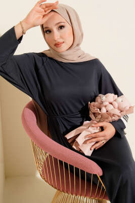 Loyşa Bilek Armalı Kuşaklı Elbise Füme - Thumbnail