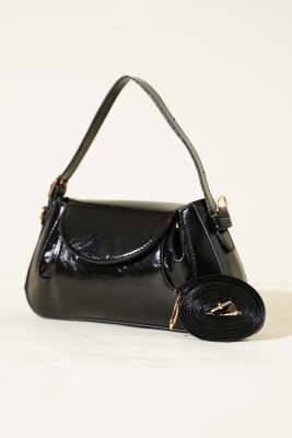 Yan Çıtçıtlı Rugan Çanta Siyah - Thumbnail