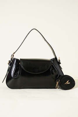 Yan Çıtçıtlı Rugan Çanta Siyah - Thumbnail