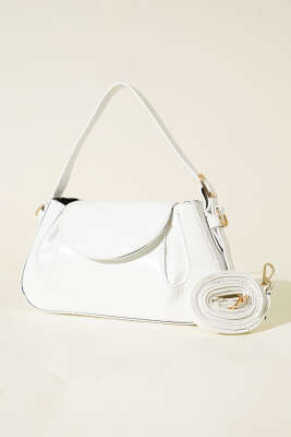 Yan Çıtçıtlı Rugan Çanta Beyaz - Thumbnail